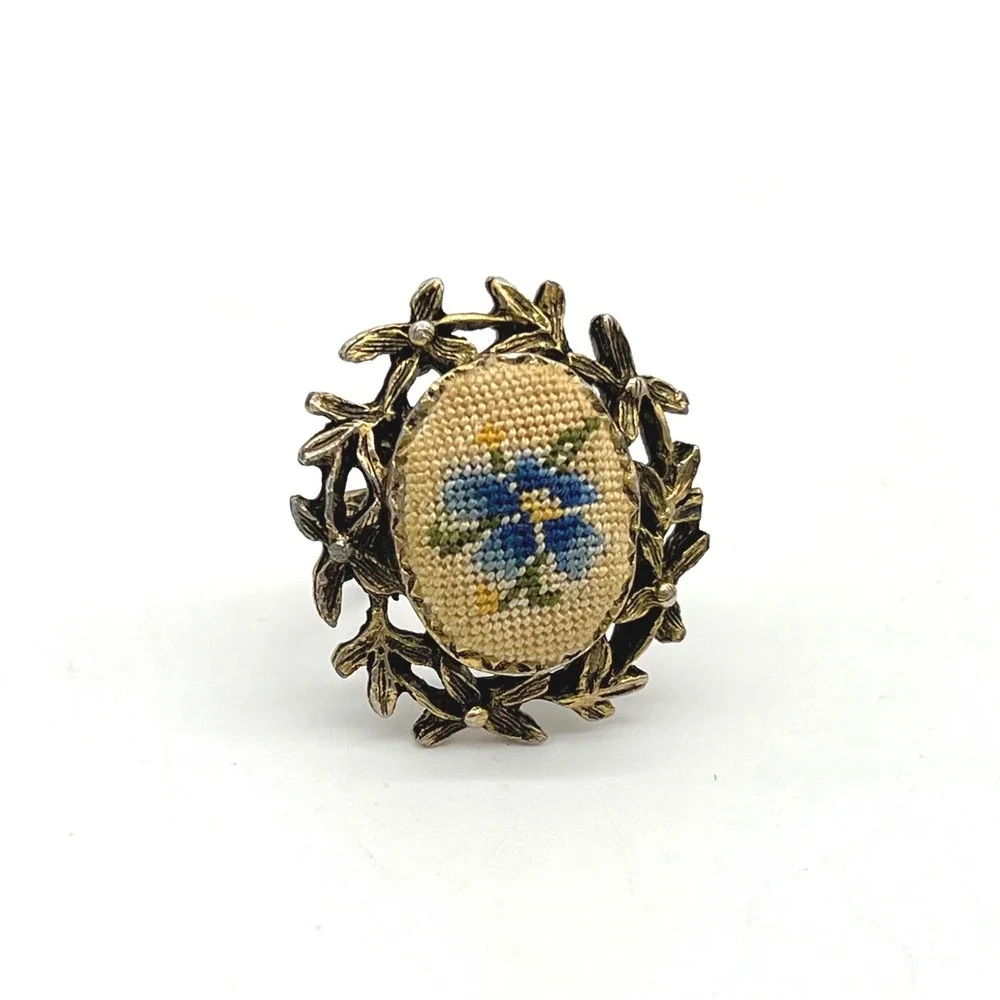 Vintage Petit Point Embroidery Floral Ring Mixed‎ Metal Ornate Adjustable Band